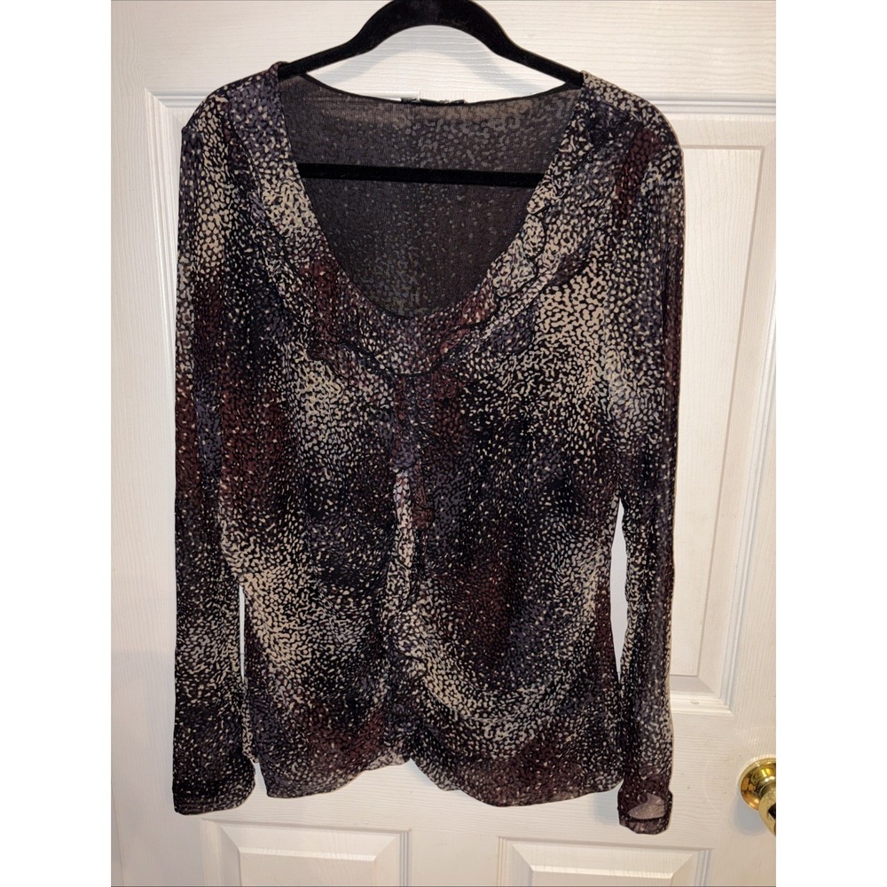 Tribal XL Mesh Knit Blouse Top Ruched Front Ruffle Sheer Sleeve Black Micro Dot